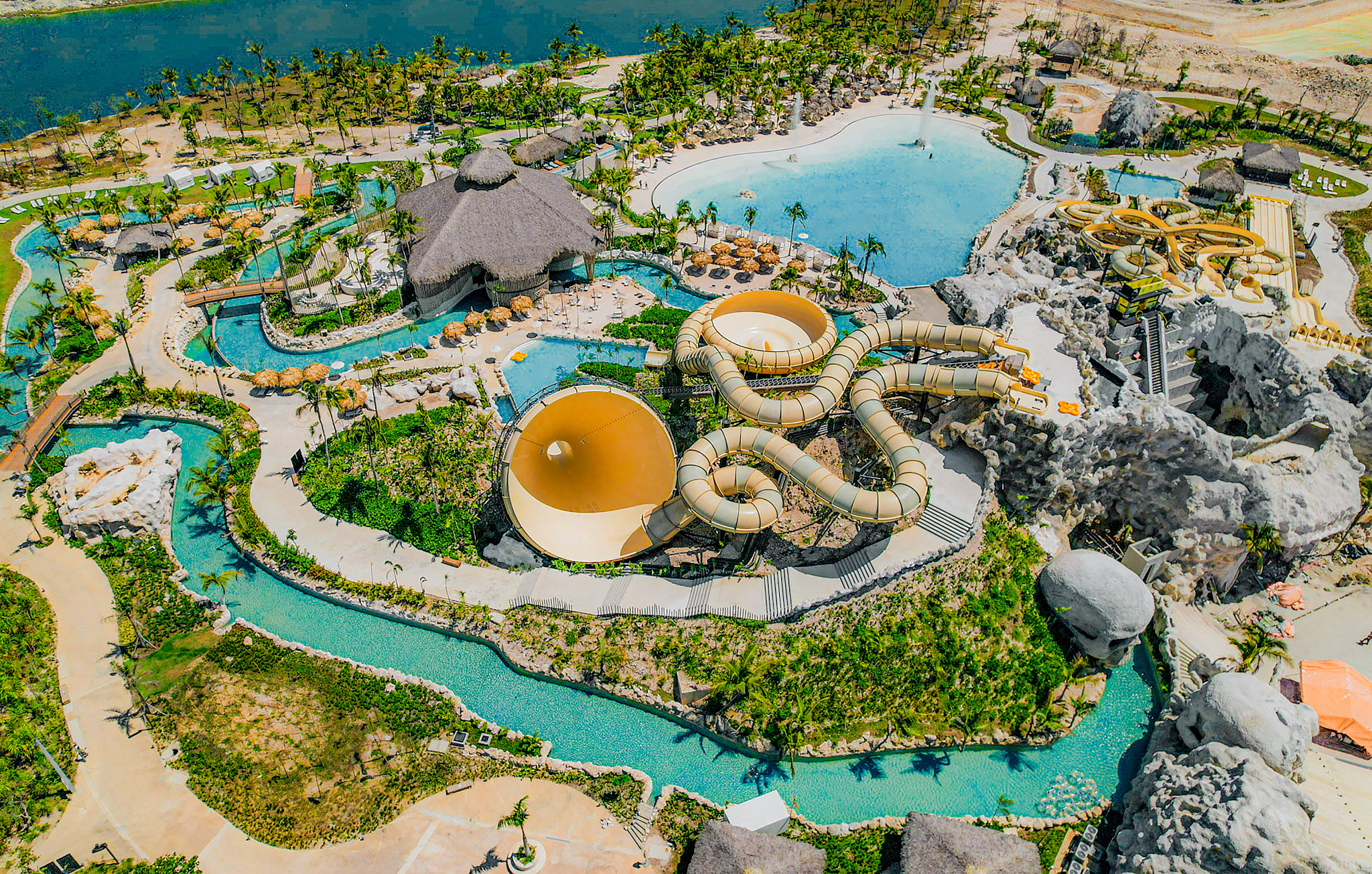 El Dorado Waterpark Cap Cana aerial slides pools fountains palm trees