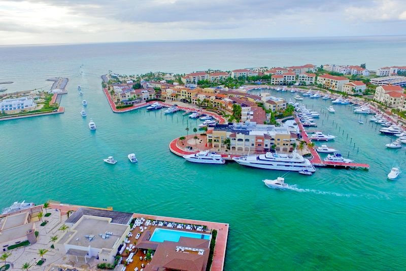 Aerial view of Marina Cap Cana with yachts docked along the harbor, Cap Cana, Dominican Republic