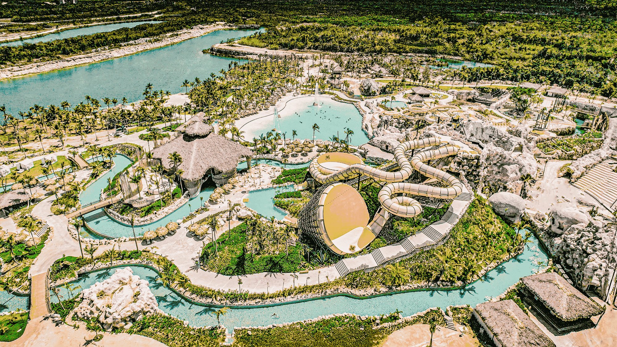 Aerial view of El Dorado Water Park slides and lazy river at Cap Cana, Dominican Republic