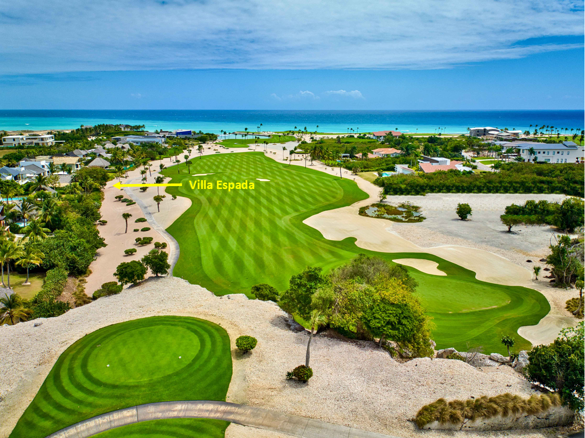 Punta Espada Fairway 5 aerial view — Villa Espada directly on the fairway, Cap Cana Dominican Republic