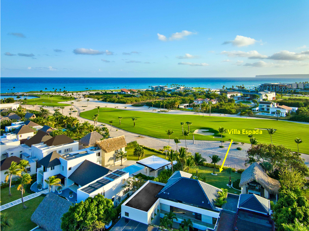 Villa Espada aerial view — luxury estate next to Punta Espada golf course, Cap Cana Dominican Republic