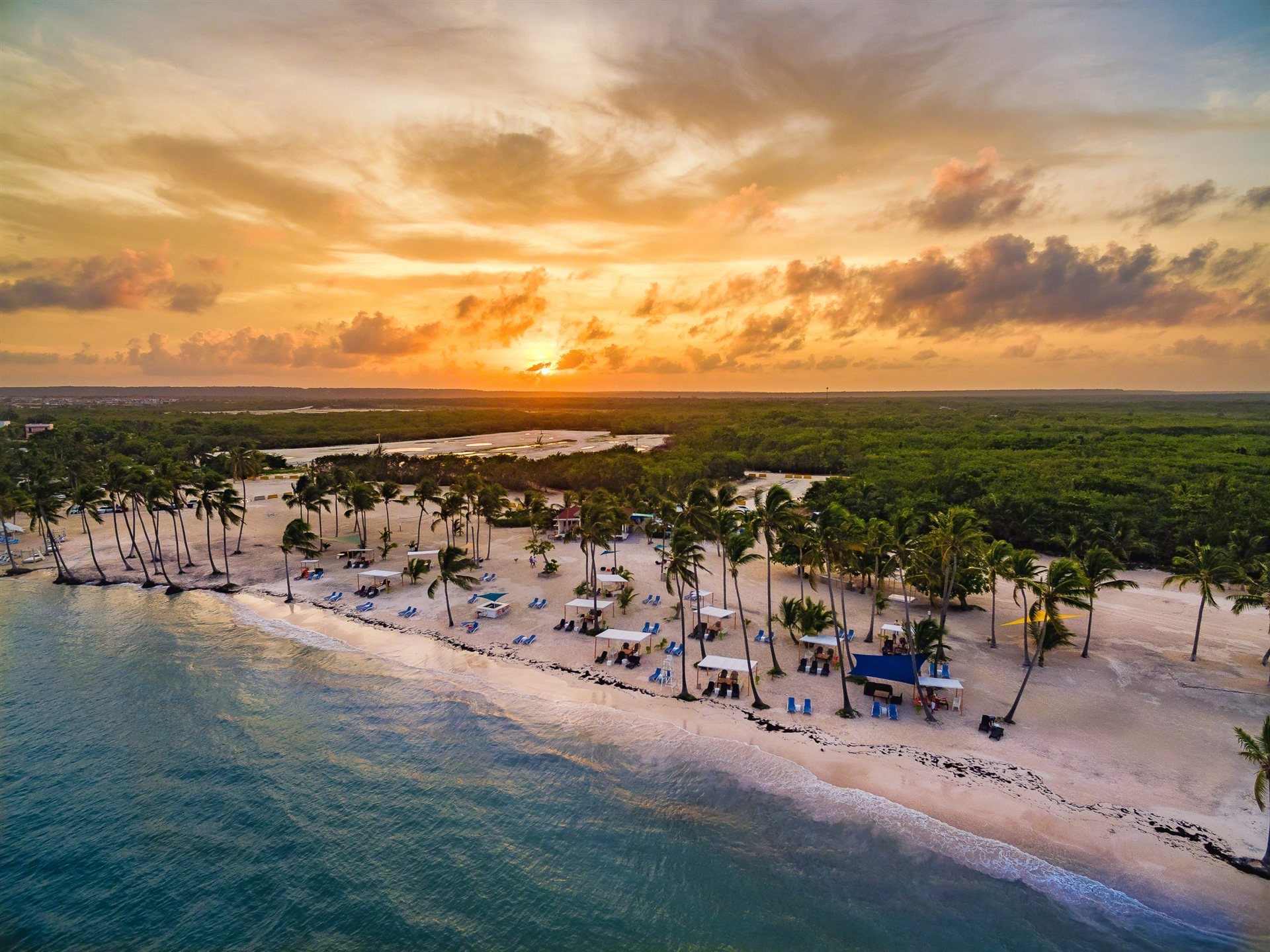 Juanillo Beach sunset aerial, Cap Cana, Dominican Republic