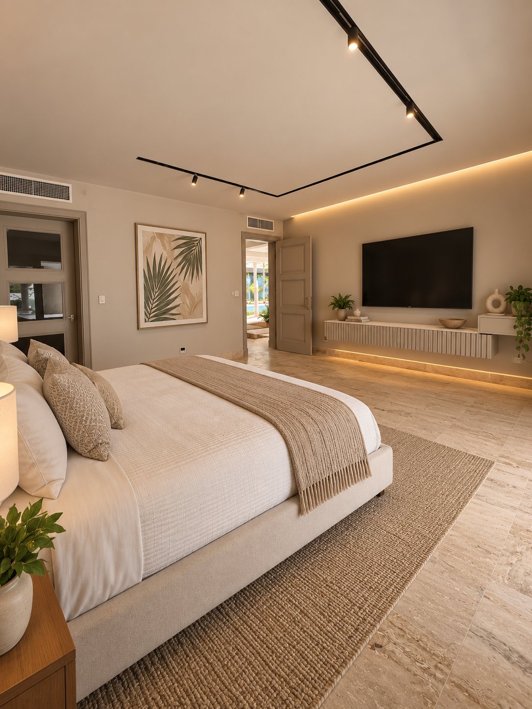 En-suite bedroom with king bed, wall-mounted smart TV and floating console at Villa Espada, Cap Cana