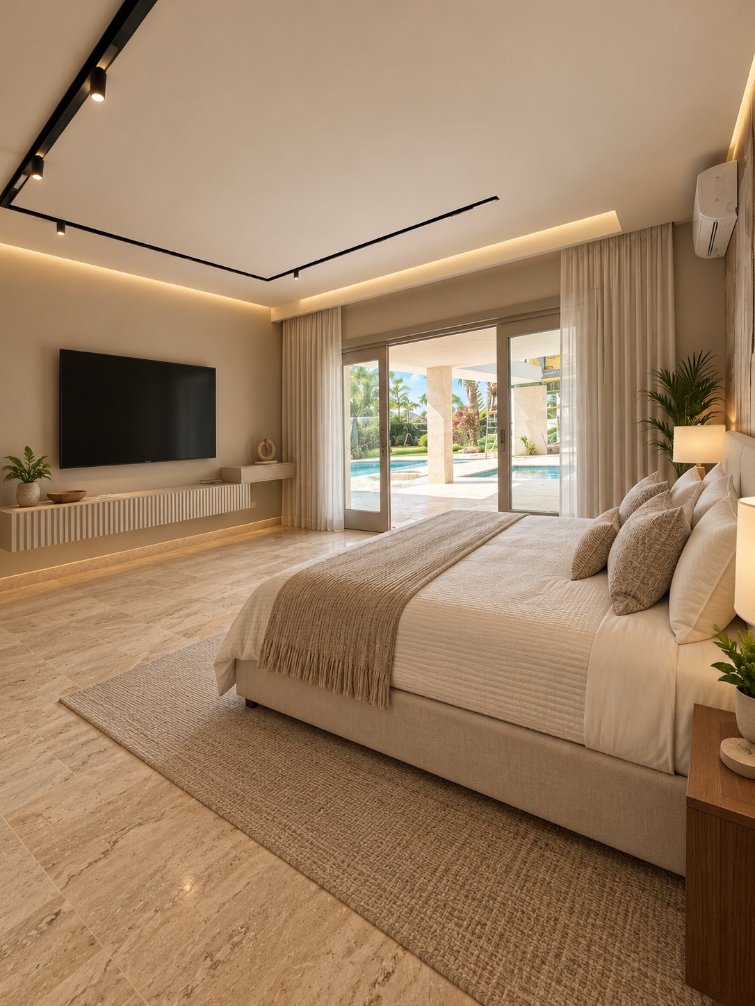 King bedroom with glass doors opening to the pool terrace at Villa Espada, Cap Cana