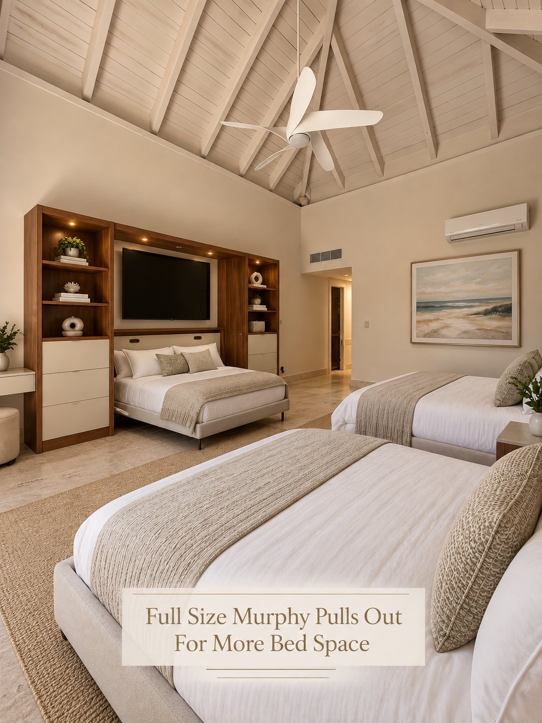 Bedroom with two queen beds and a full-size Murphy bed pulled out from the wall unit at Villa Espada, Cap Cana