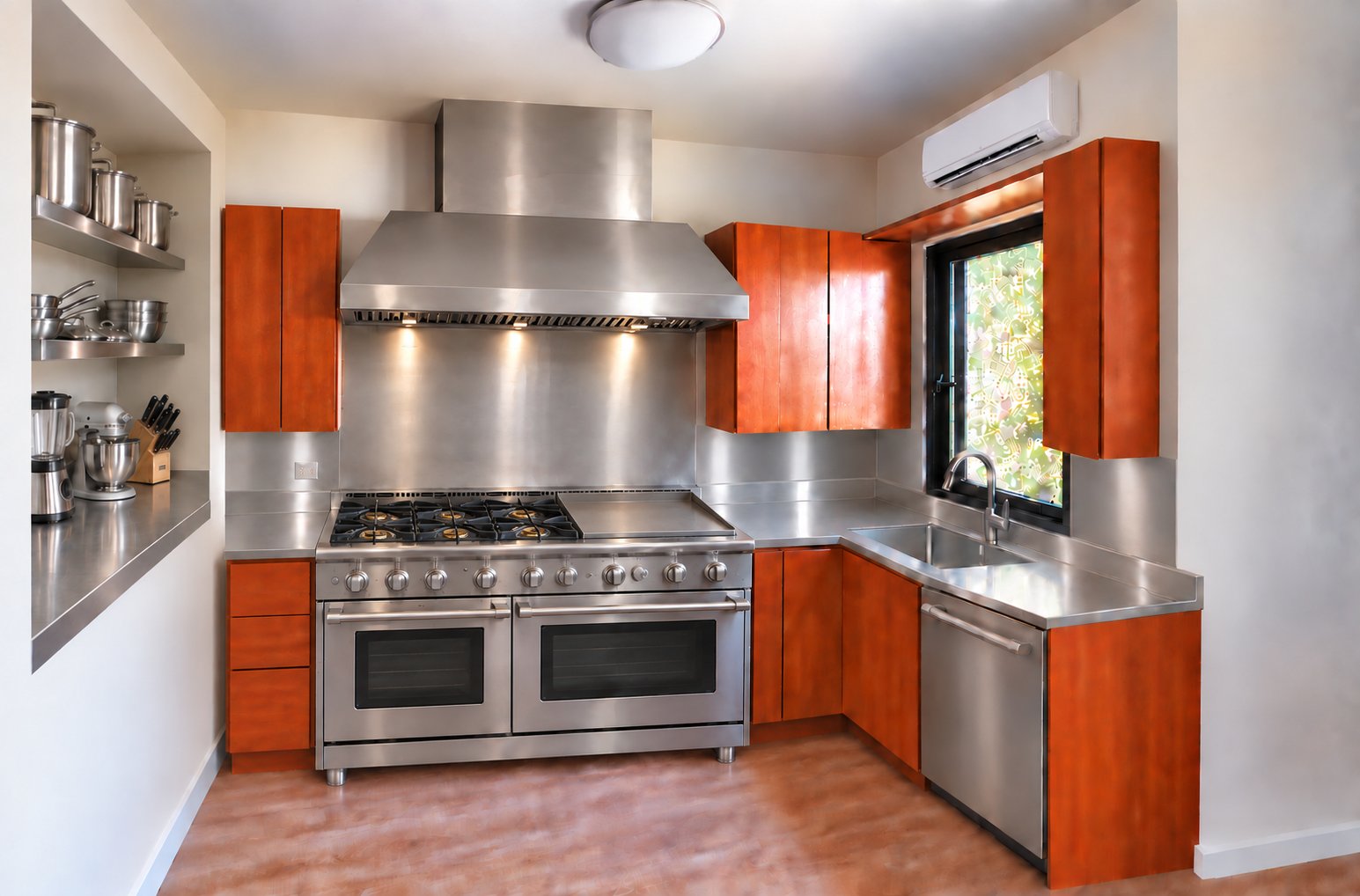 Villa Espada chef's kitchen: 60-inch commercial gas range with griddle, double ovens and stainless prep counters, Cap Cana