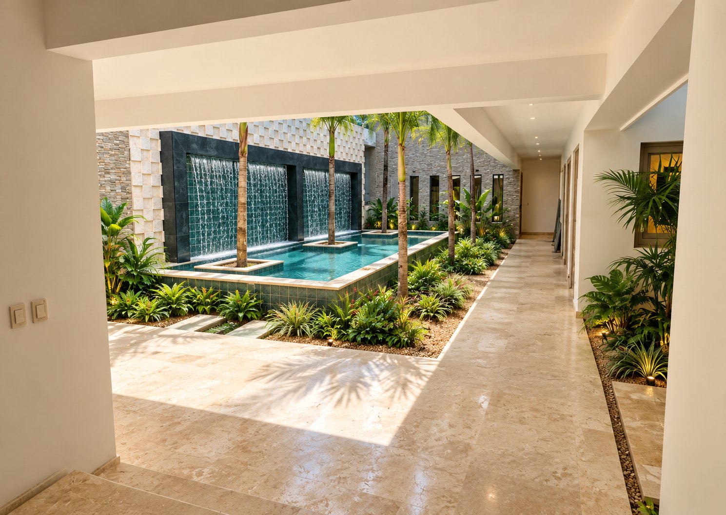Villa Espada entrance courtyard waterfall pool, Cap Cana — contact and reservations