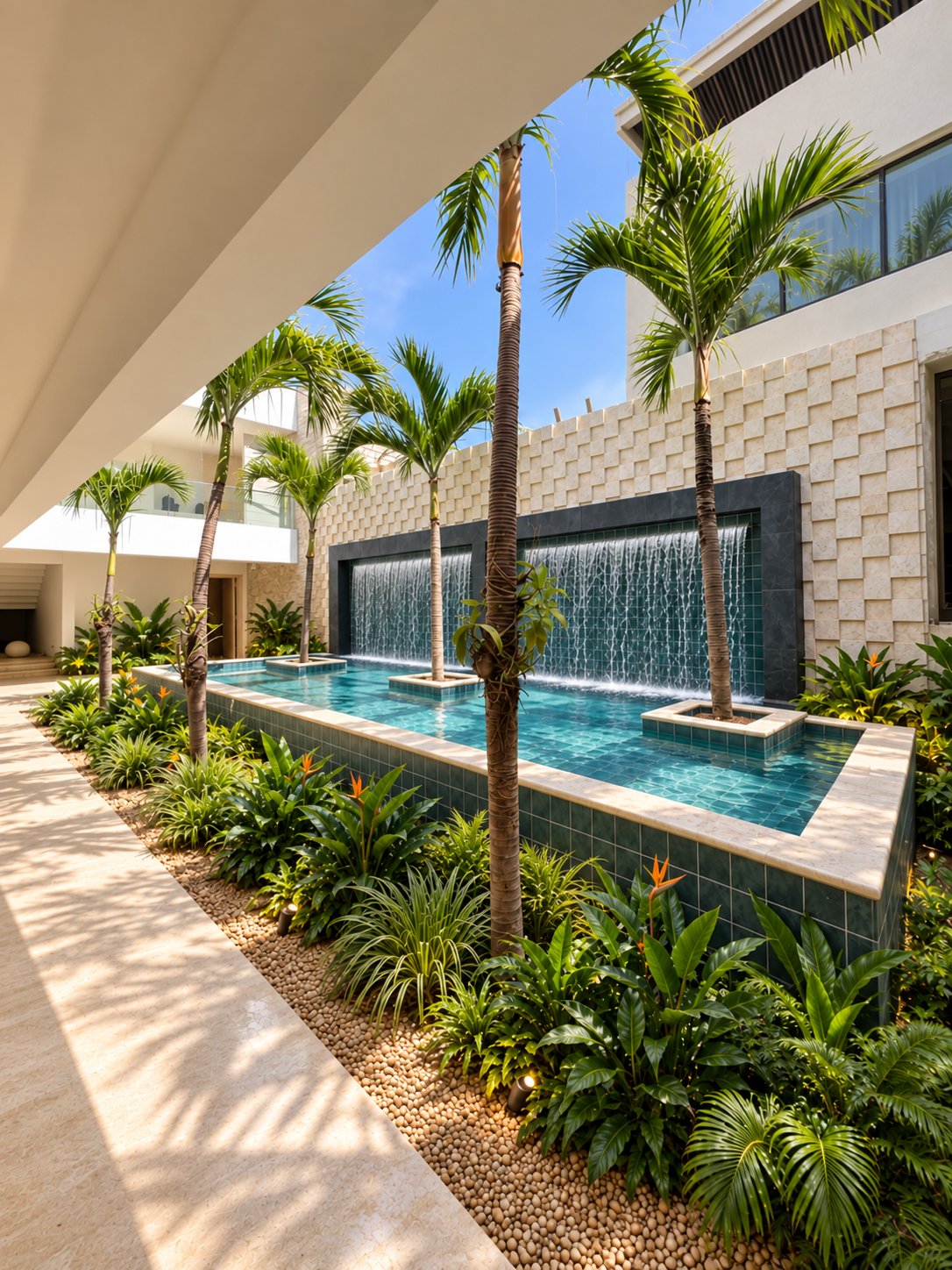 Entrance courtyard at Villa Espada, Cap Cana: palm-lined reflecting pool with a stone wall of twin waterfalls and tropical planting
