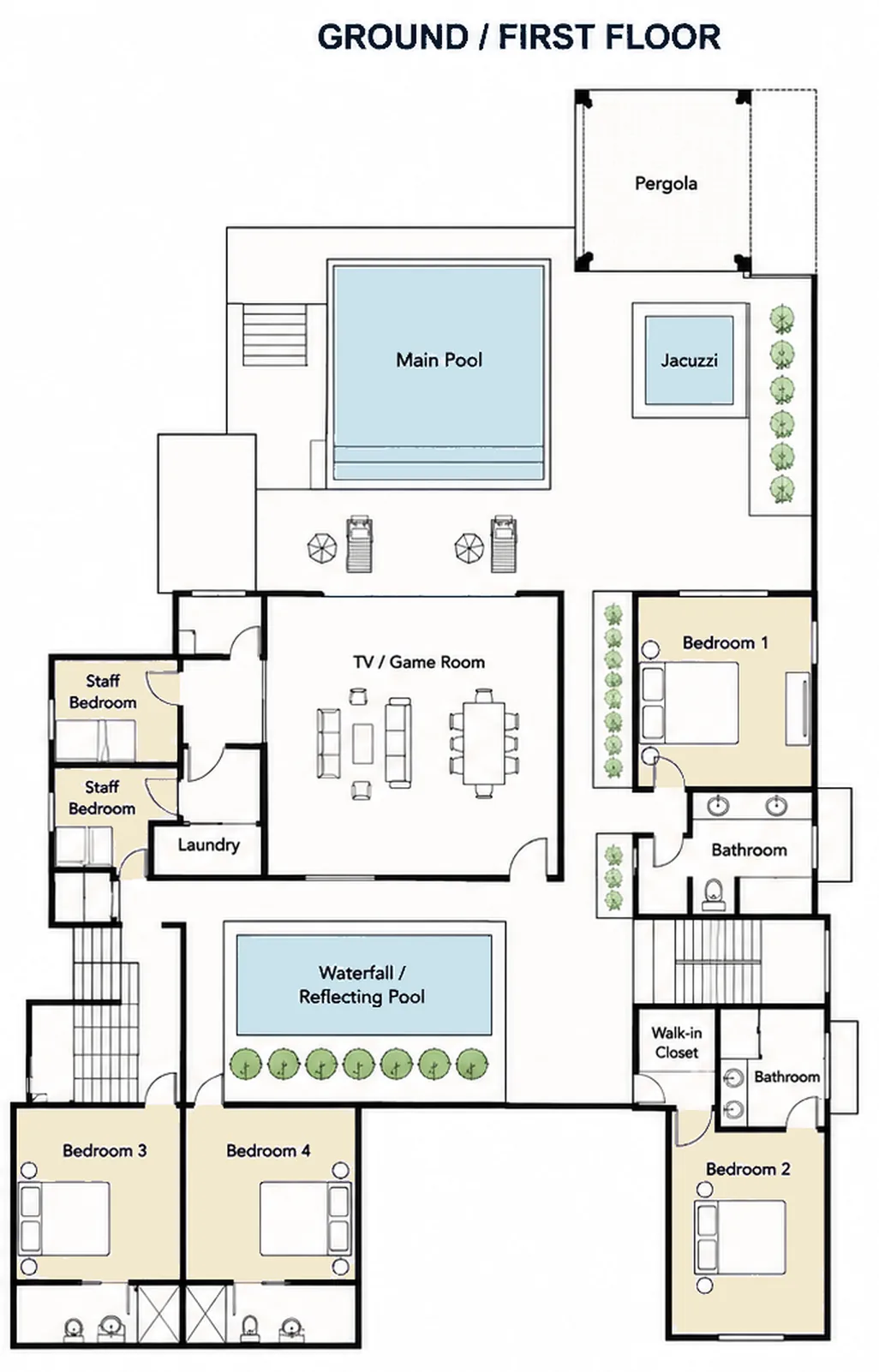 Villa Espada ground floor plan showing the main pool, hot tub, TV and game room, and Bedrooms 1 through 4, each en-suite, Cap Cana