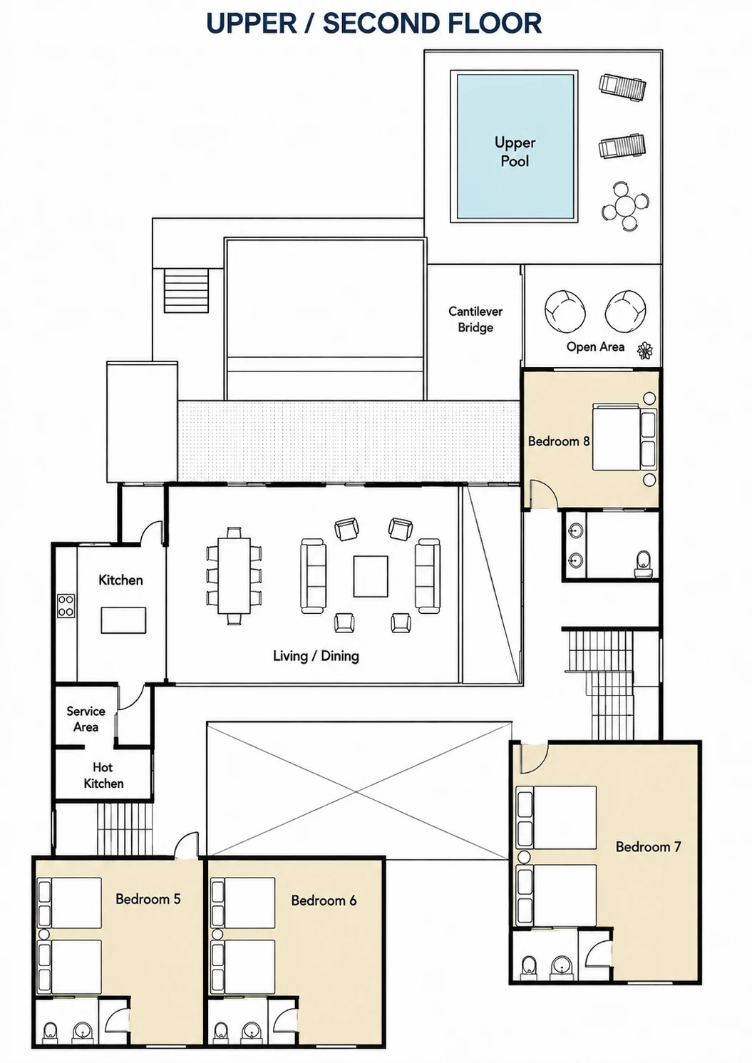 Villa Espada upper floor plan showing the rooftop terrace pool, open-air living and dining room, kitchen, cantilever bridge, and Bedrooms 5 through 8, each en-suite, Cap Cana