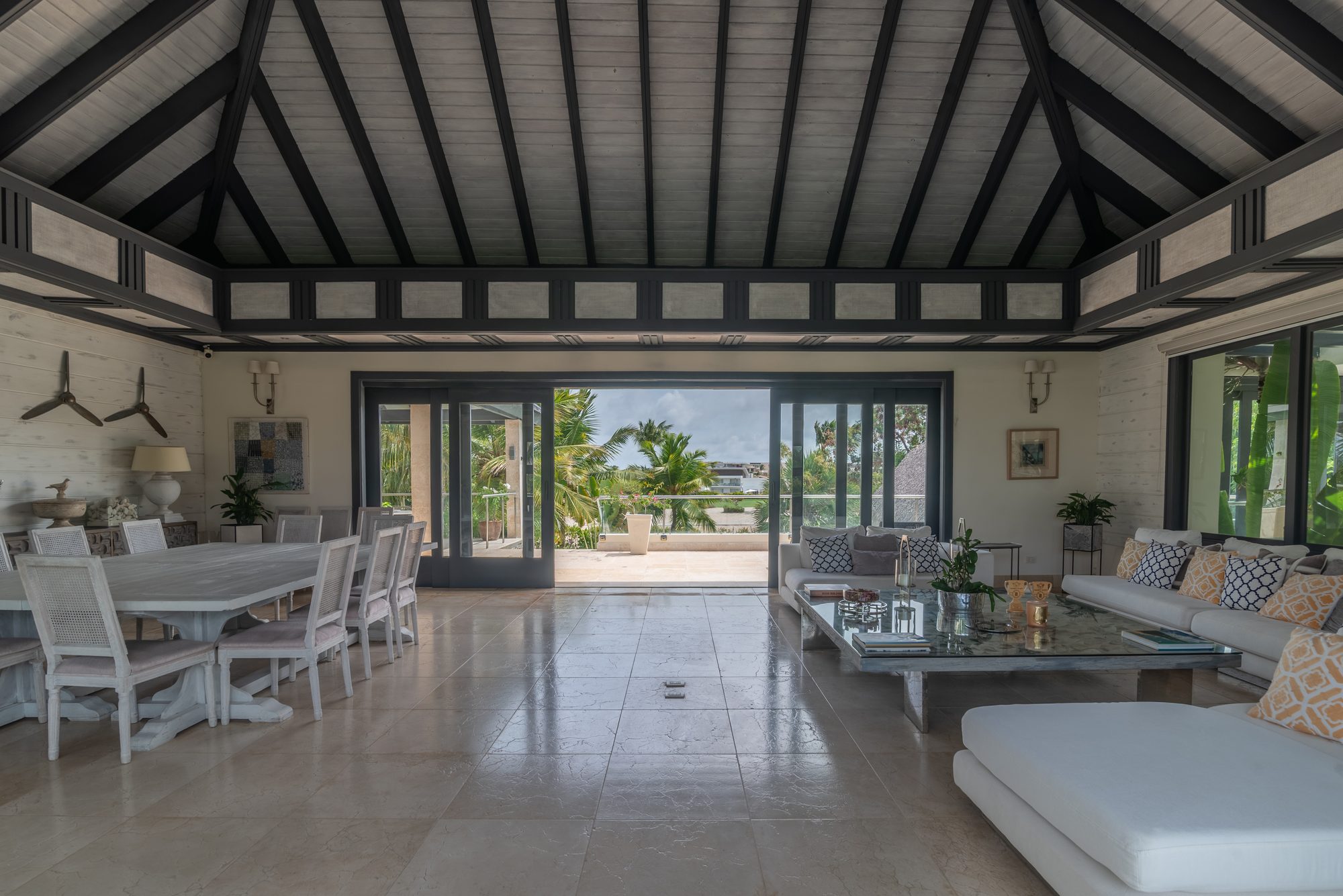 Villa Espada great room with vaulted beamed ceiling, Cap Cana