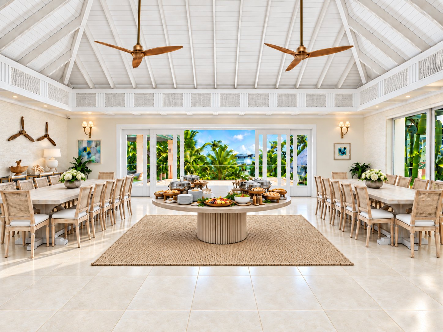 Villa Espada great room with vaulted beamed ceiling opening to the terrace, Cap Cana