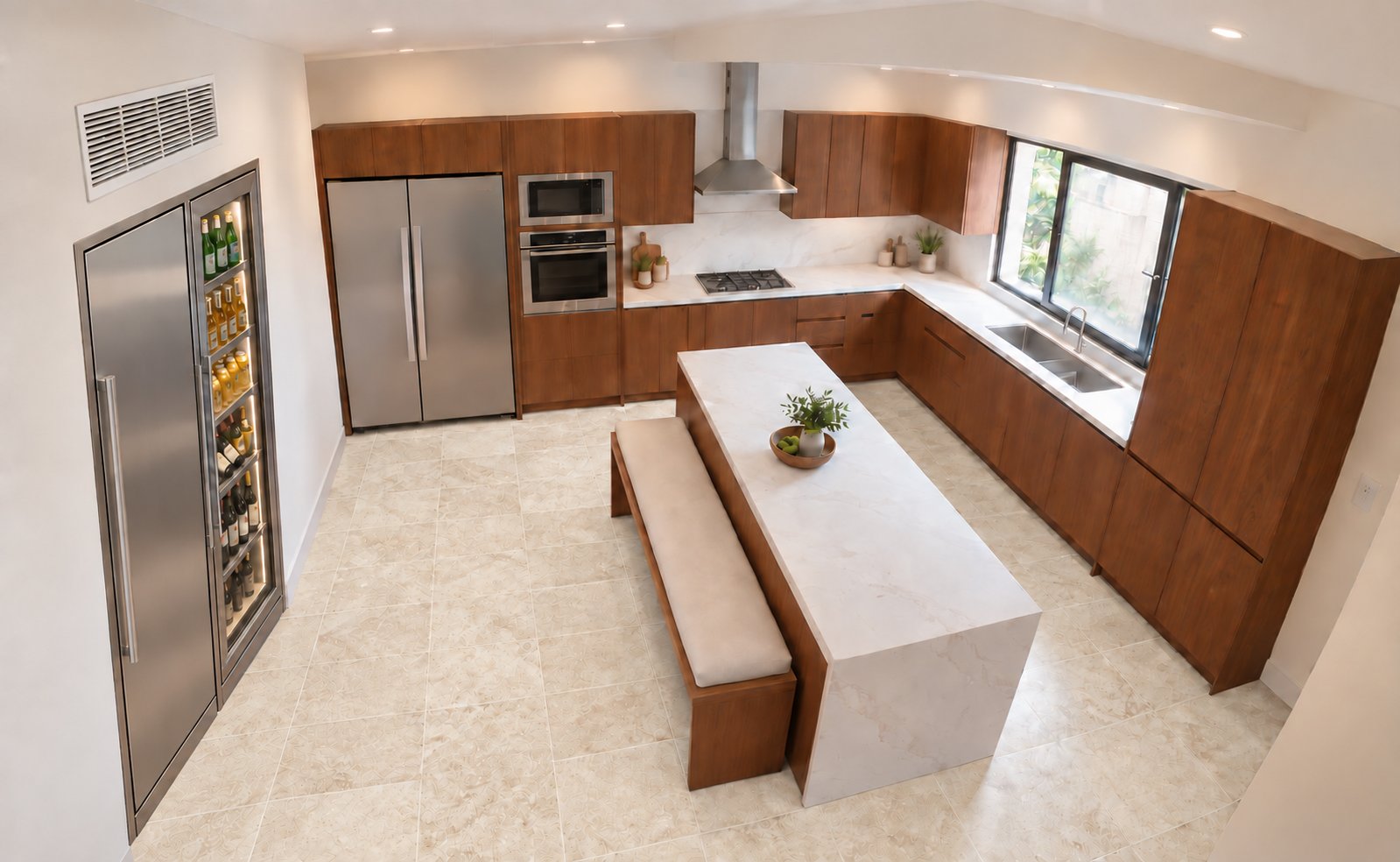 Villa Espada main kitchen with marble island, bench seating and glass-front wine refrigerator, Cap Cana