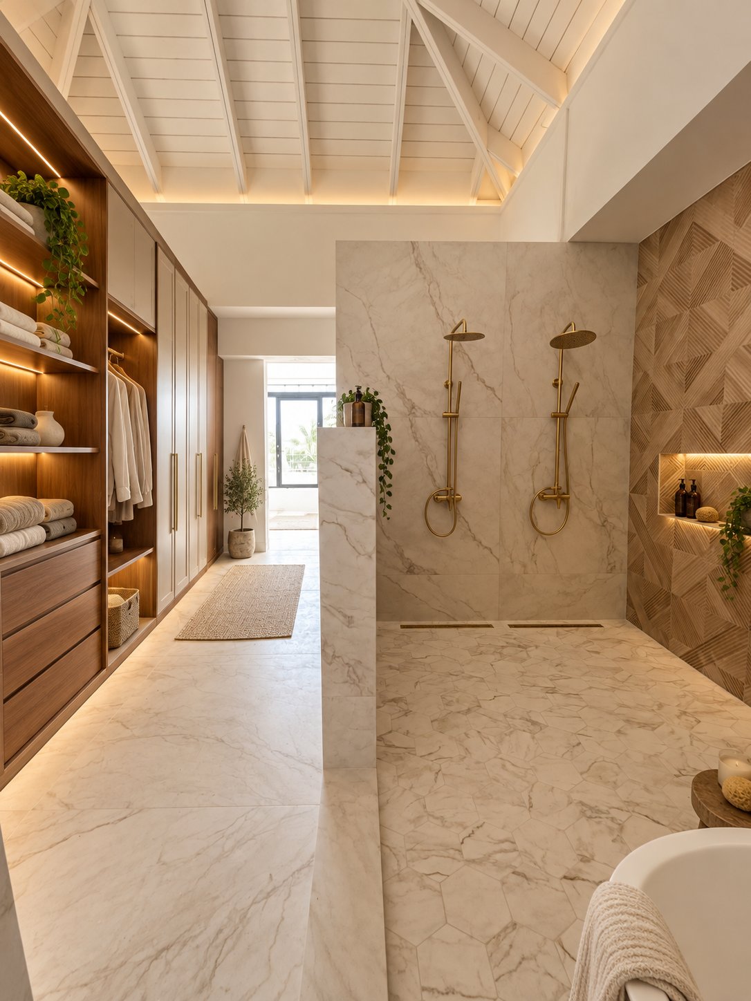 Master bathroom double shower with gold fixtures beside the walk-in closet at Villa Espada, Cap Cana