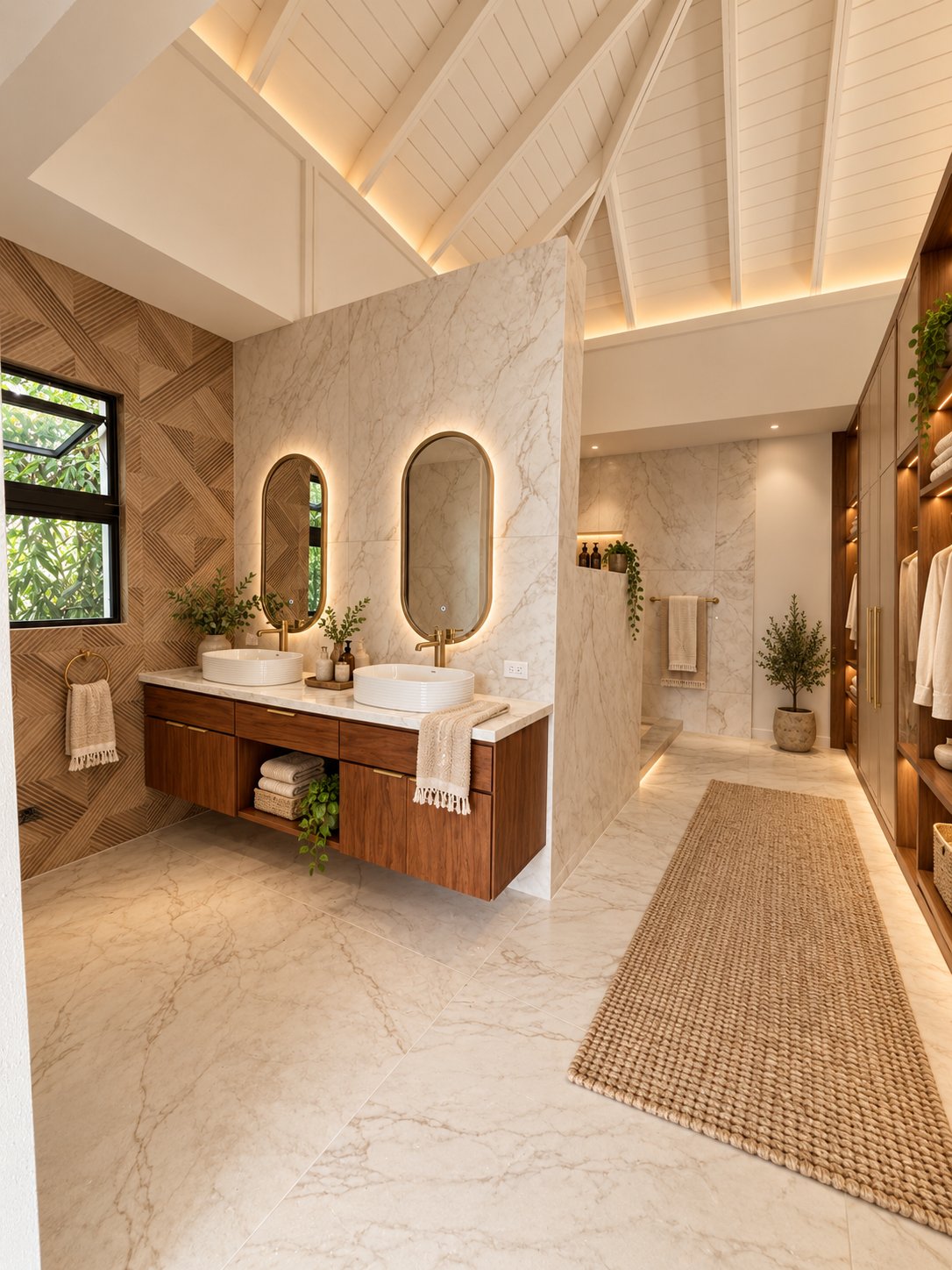 Master bathroom at Villa Espada with double floating vanity, arched mirrors and marble floors under a vaulted ceiling