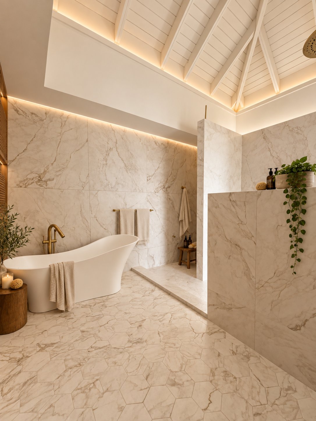 Master bathroom freestanding soaking tub with gold fixtures and marble walls at Villa Espada, Cap Cana