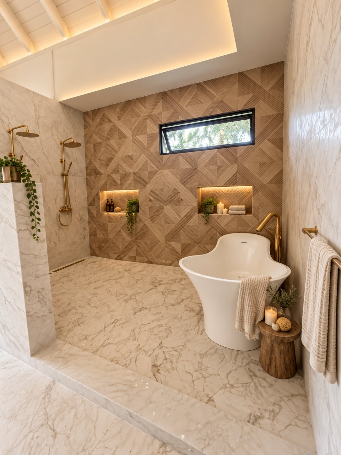 Master bathroom wet room with freestanding tub and twin rain showers on a geometric stone wall at Villa Espada