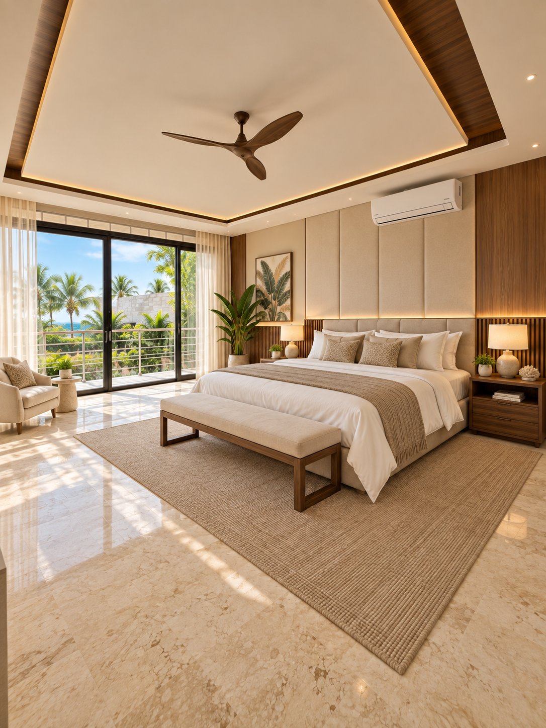 Master Suite king bed with upholstered headboard wall and open balcony doors at Villa Espada, Cap Cana
