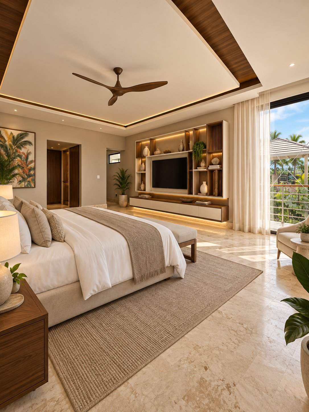 Master Suite at Villa Espada, Cap Cana: king bed, wood-clad TV wall and balcony doors with ocean views