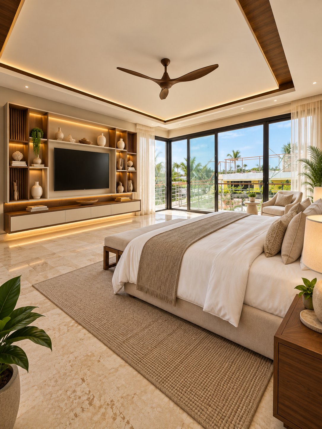 Master Suite at Villa Espada with built-in TV wall, lit shelving and balcony doors opening to palms and the Caribbean