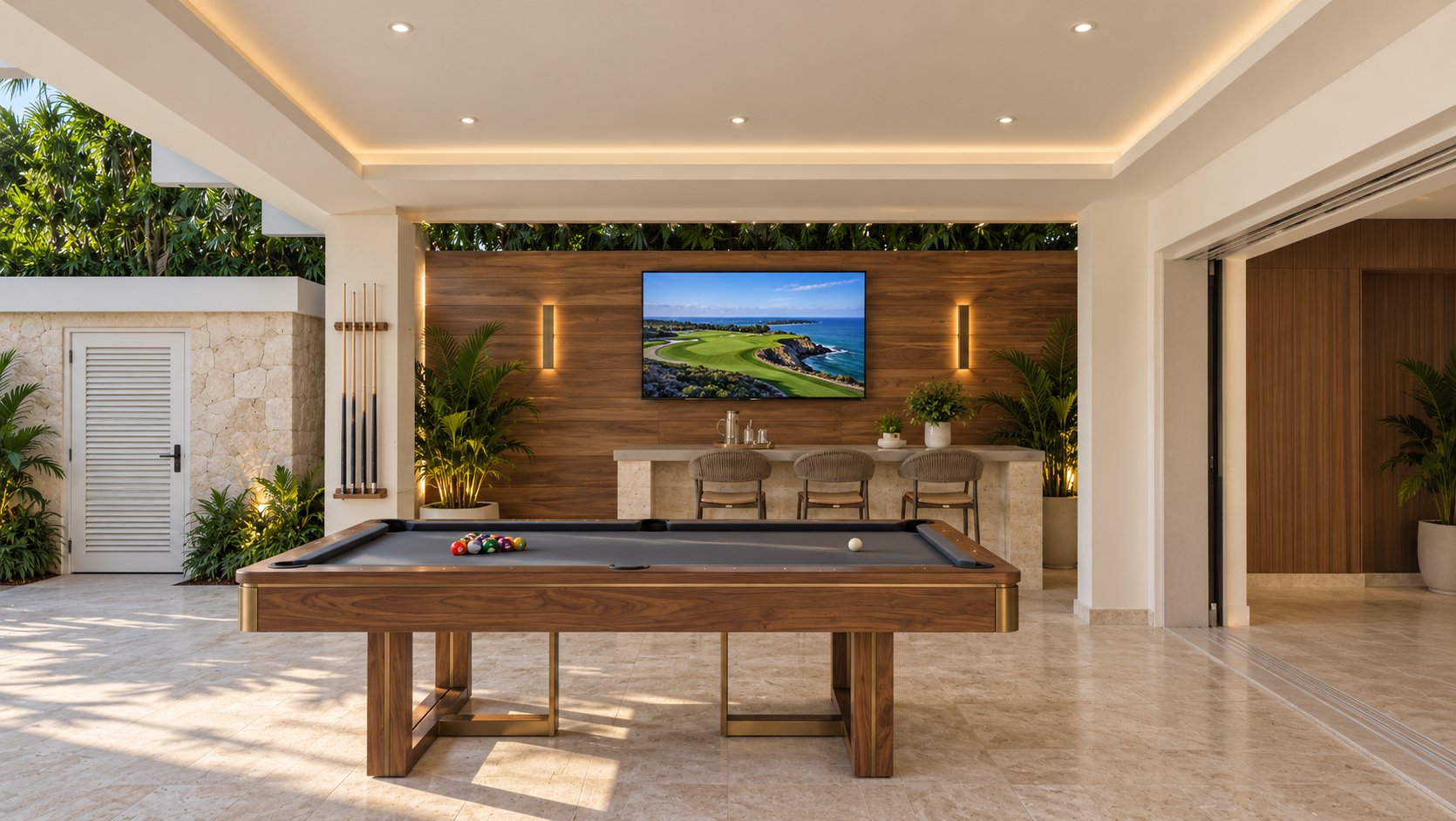 Villa Espada outdoor lounge with pool table and bar seating, Cap Cana