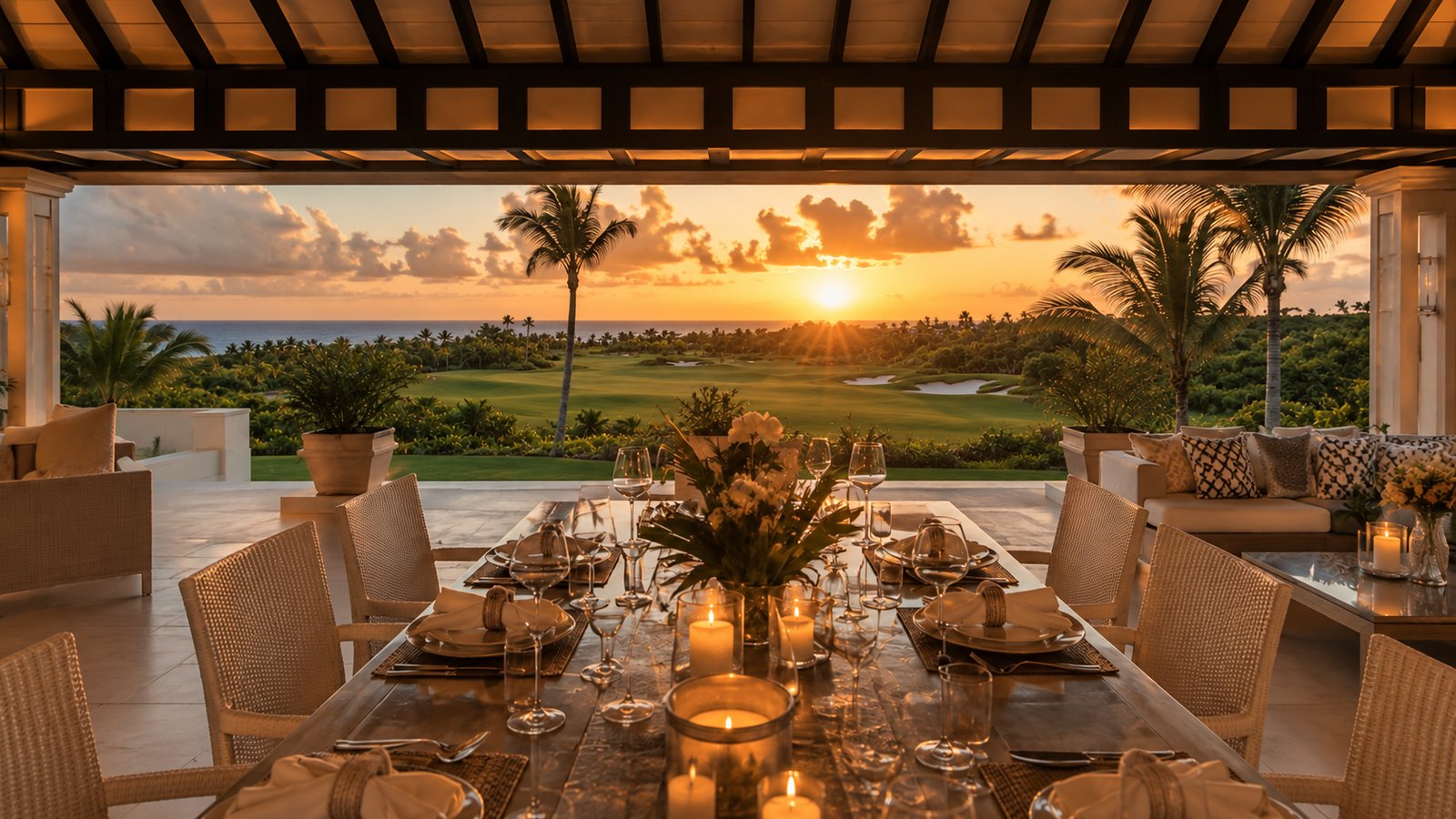 Sunset dinner table set on the terrace with ocean and fairway views at Villa Espada, Cap Cana